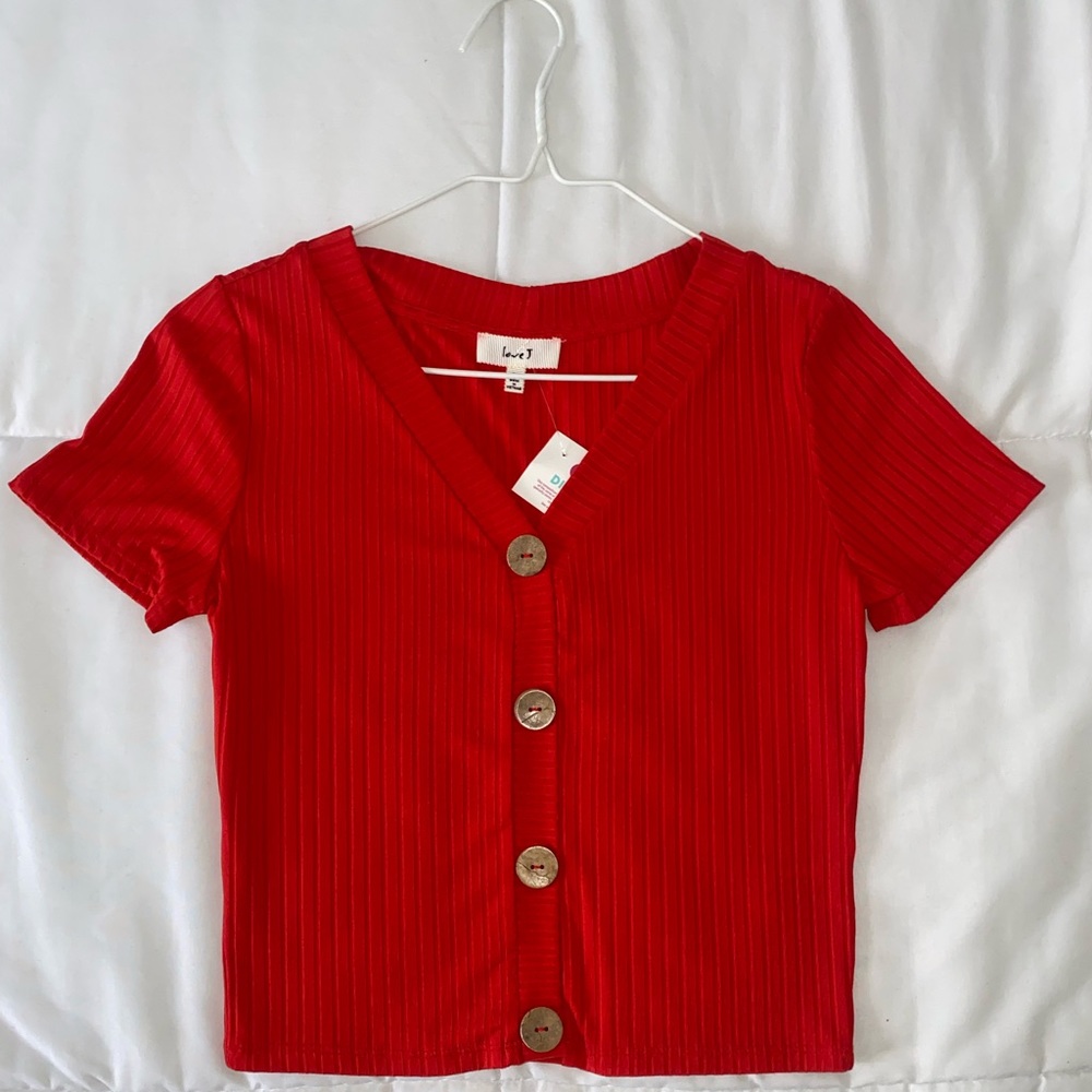 Red cute crop top with brown buttons